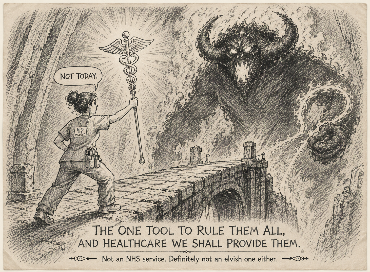 Pencil-style fantasy cartoon of a nurse holding a medical staff on a stone bridge and confronting a giant fiery monster.